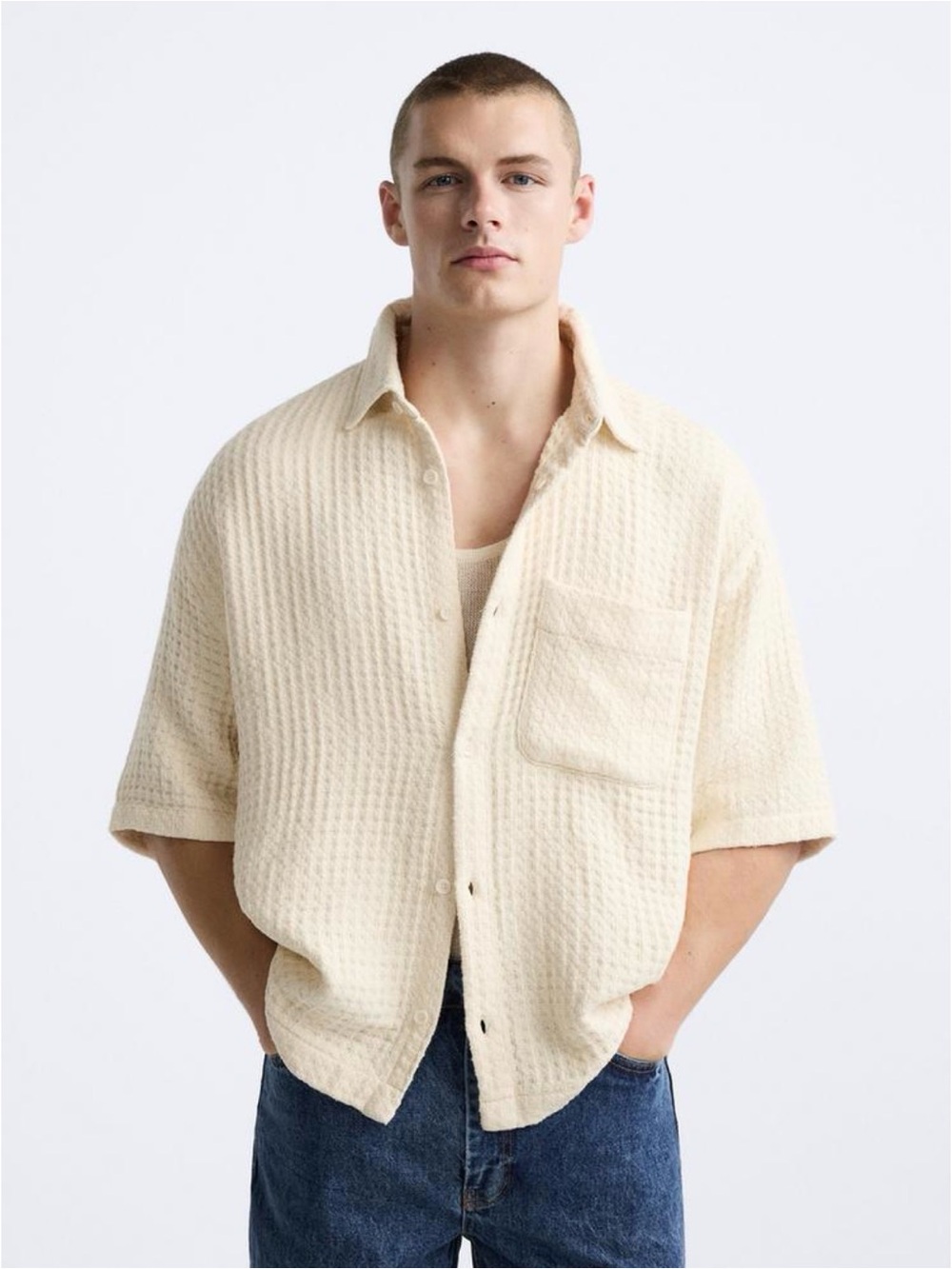 Zara textured short-sleeve button-up mens shirt white -size medium